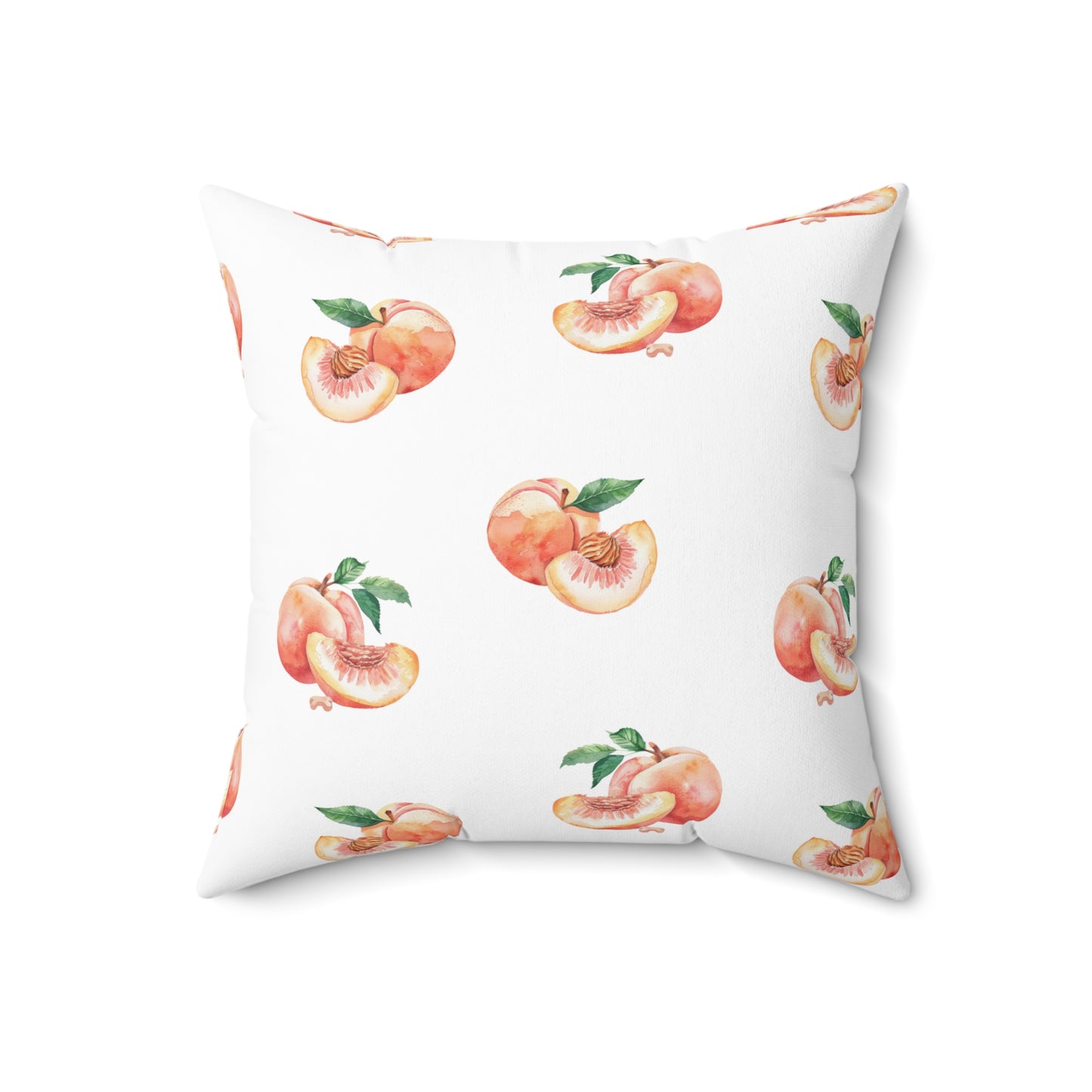 Peach Pattern Square Pillow — Watercolor Peaches on White with Striped Back