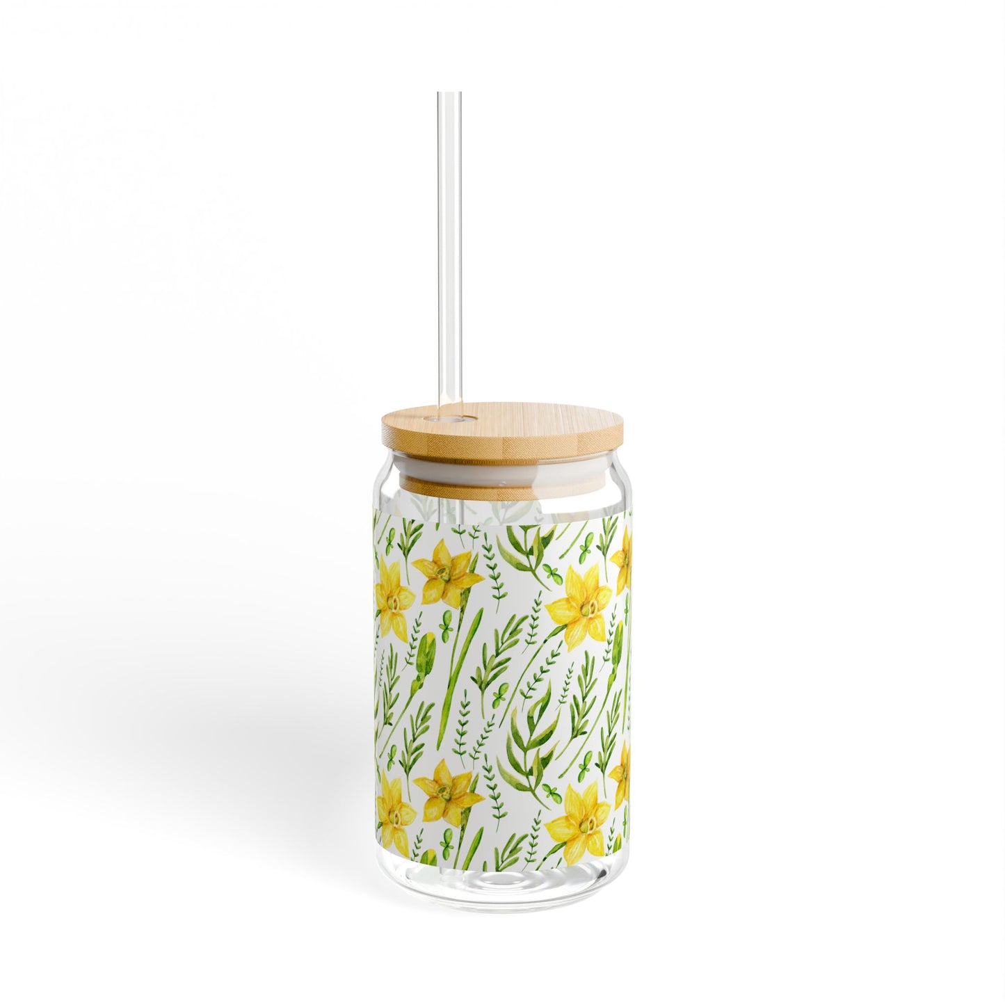 16oz Floral Sipper Glass - Yellow Daffodil Pattern with Bamboo Lid & Straw