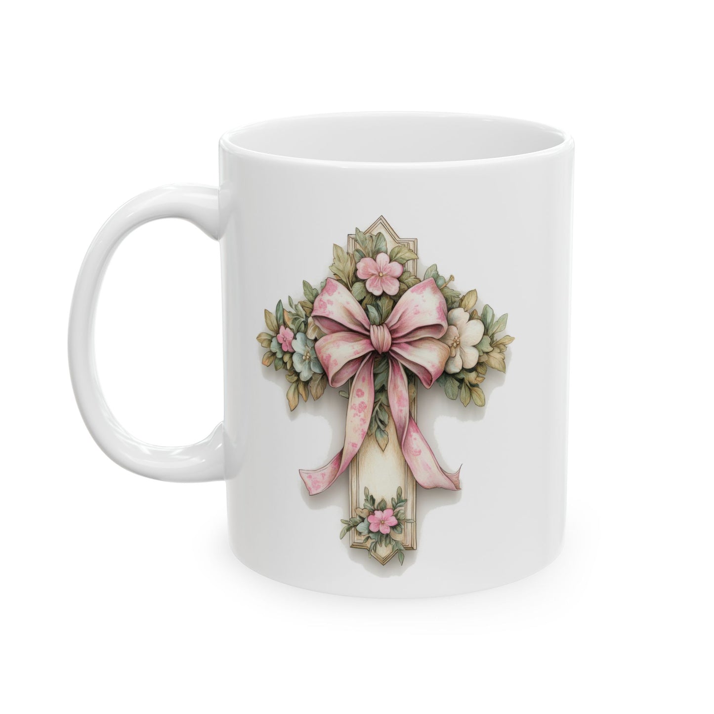 Floral Bouquet Cross  Ceramic Mug — Vintage Pink Roses Coffee Cup (11oz/15oz)