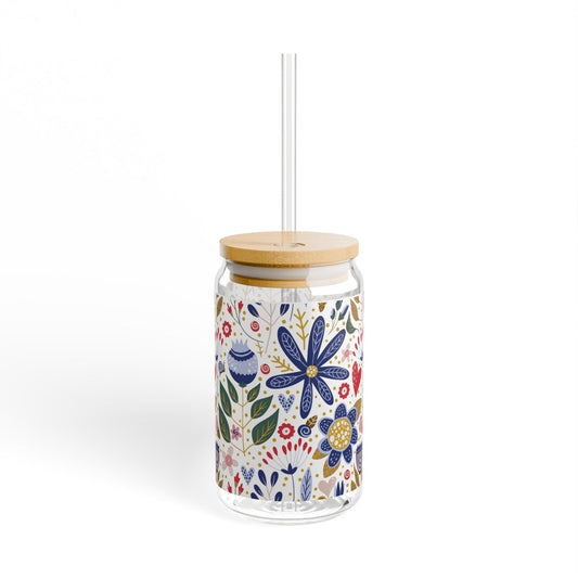Floral Folk Art Sipper Glass — 16oz Reusable Drink Jar with Bamboo Lid & Straw