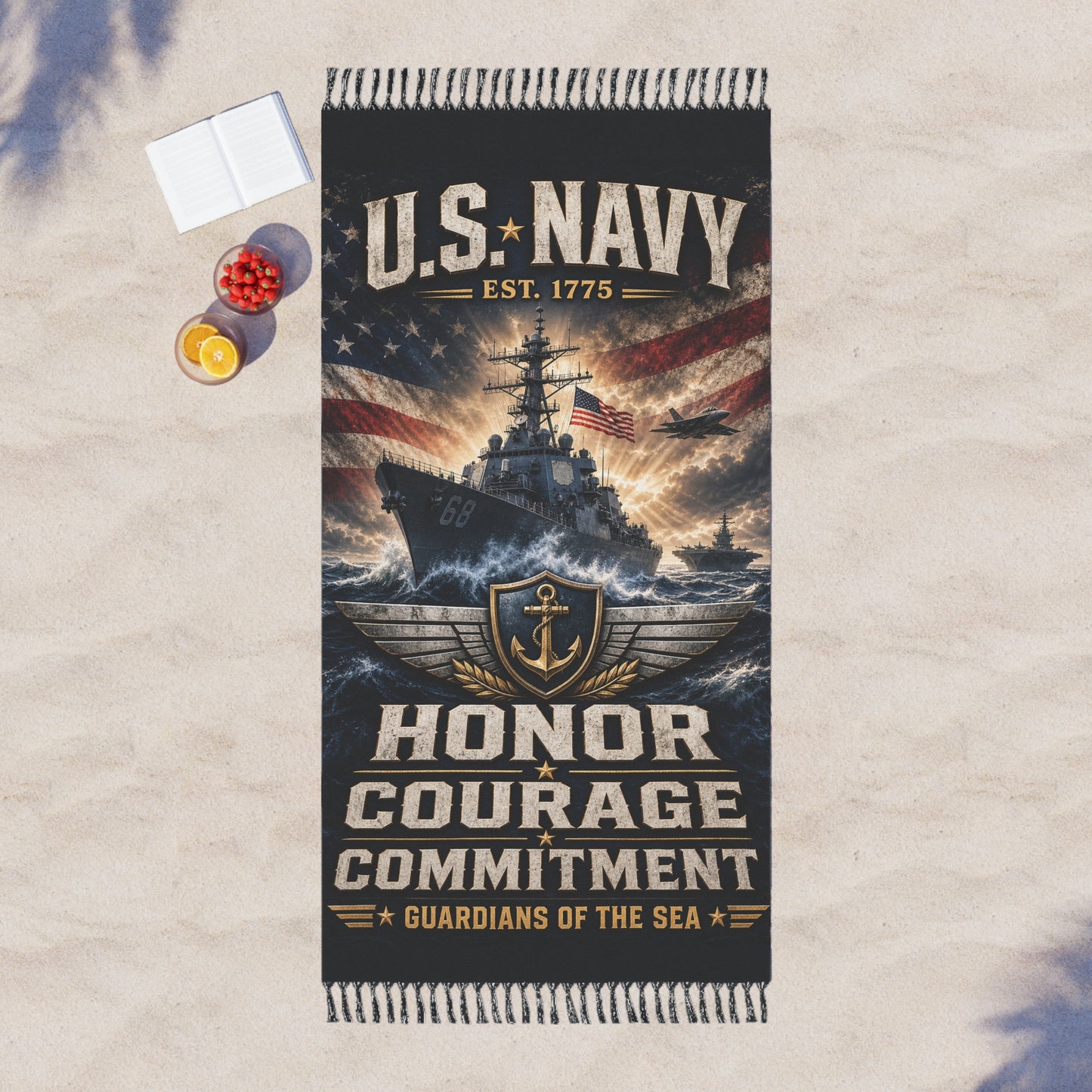 U.S. Navy Beach Towel – "Honor Courage Commitment" Patriotic Ship Design
