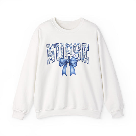 Chinoiserie Nurse Sweatshirt – Blue Floral Nurse Crewneck with Bow | Gift for Nurses, RN, LPN, CNA | Nurse Appreciation Sweater