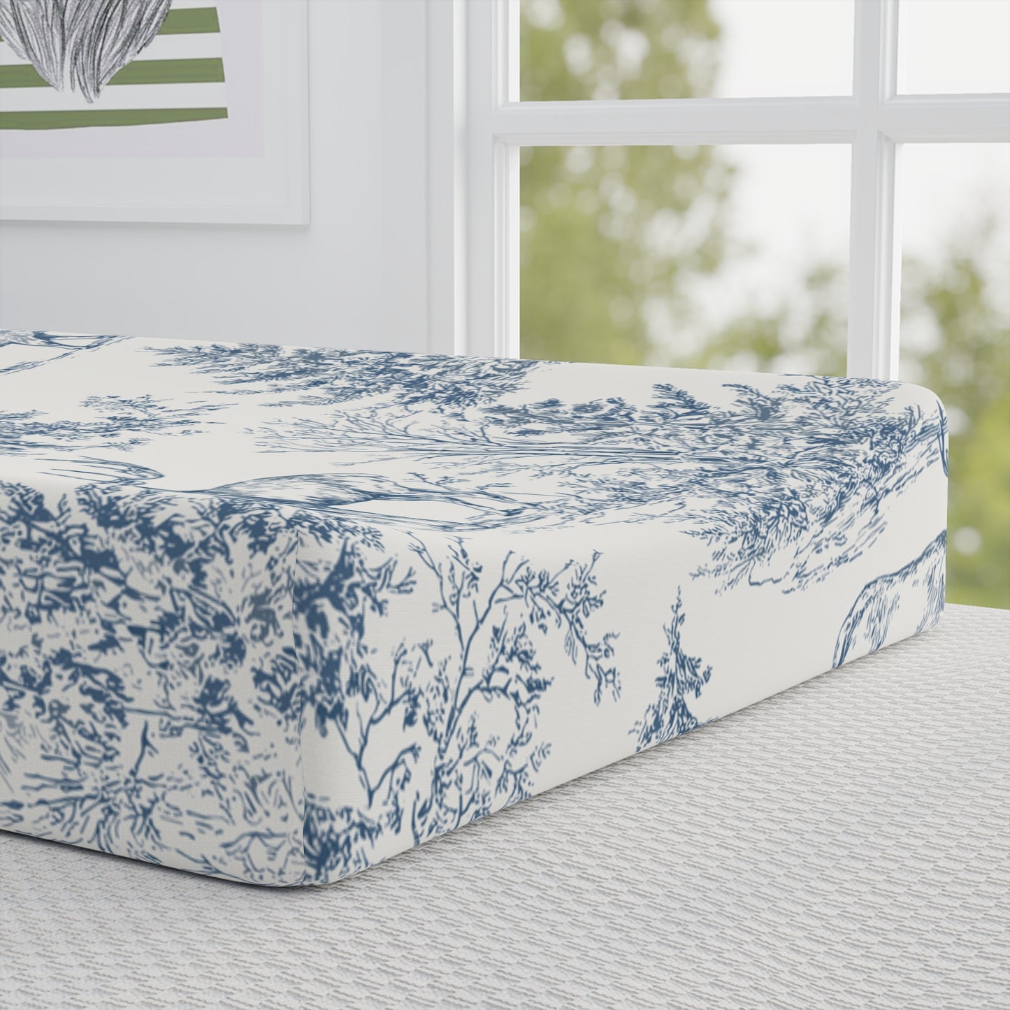 Peppermint’s Winterwood Heirloom Changing Pad Cover  Toile Deer  — Blue Woodland Nursery