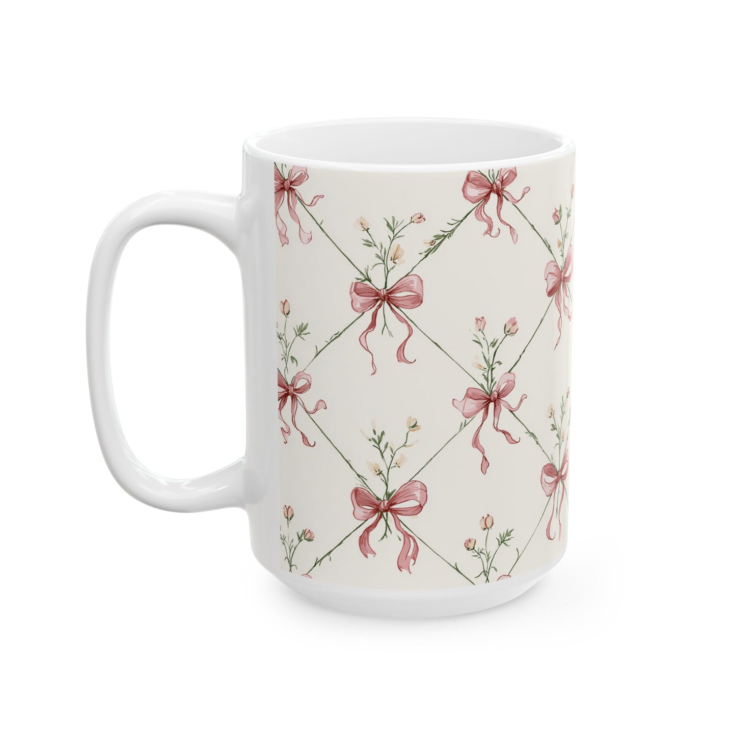 Floral Ribbon Pattern Ceramic Mug — Vintage Pink Bow Tea Coffee Cup (11oz & 15oz)