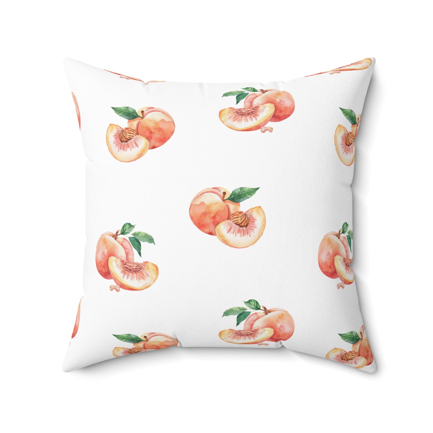 Peach Pattern Square Pillow — Watercolor Peaches on White with Striped Back
