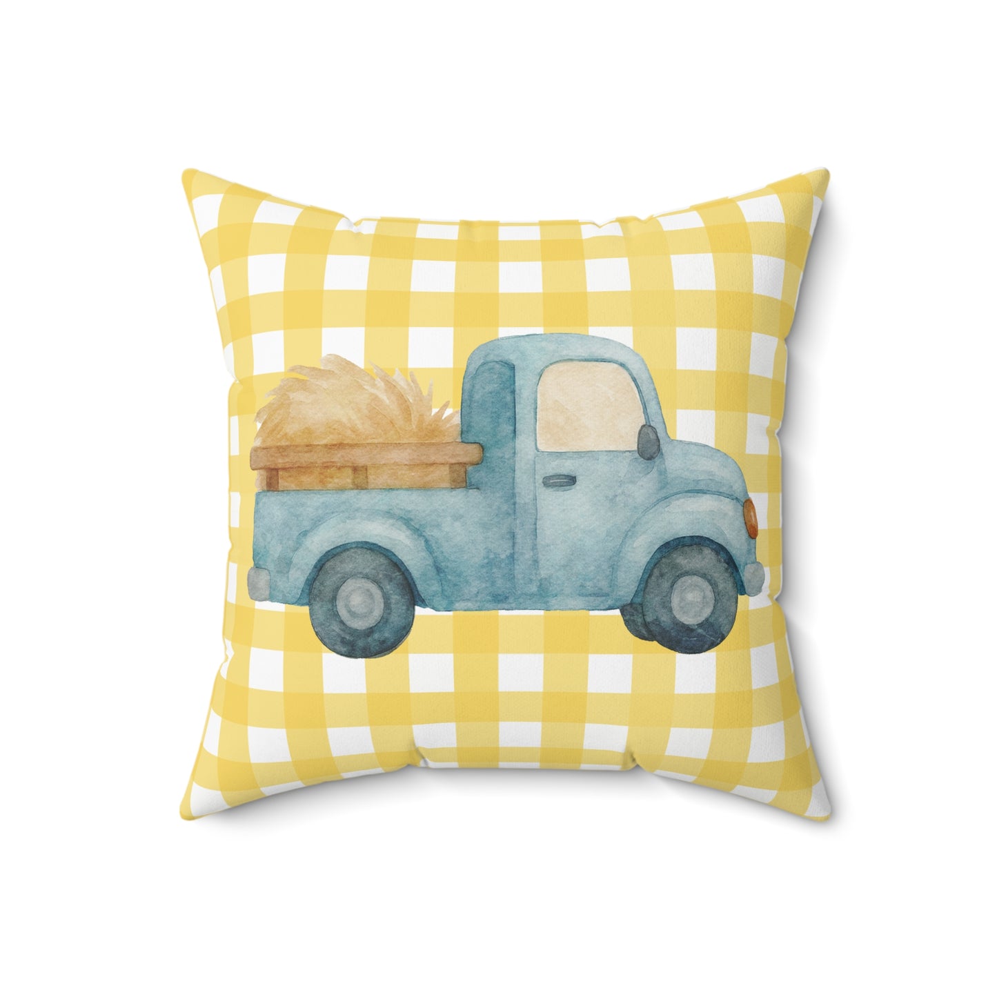 Farmhouse Blue Truck Pillow — Yellow Gingham Harvest Decor