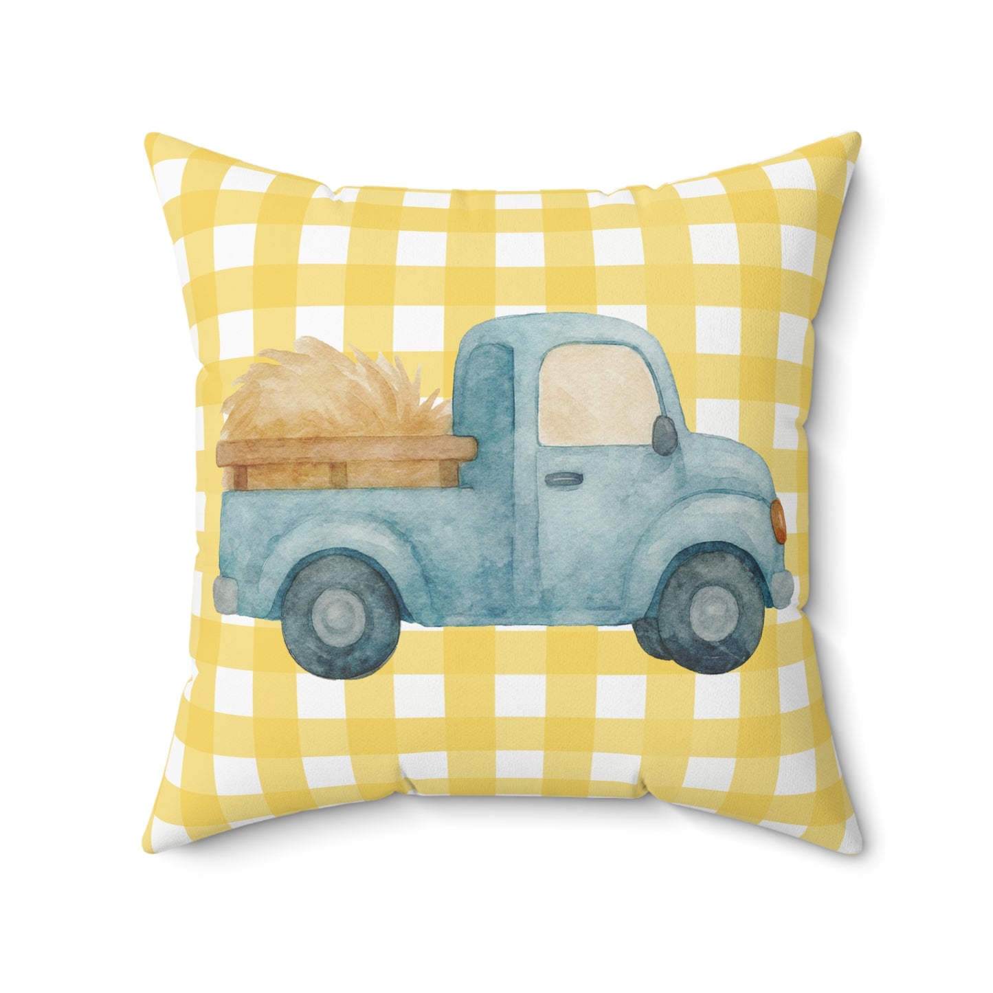 Farmhouse Blue Truck Pillow — Yellow Gingham Harvest Decor