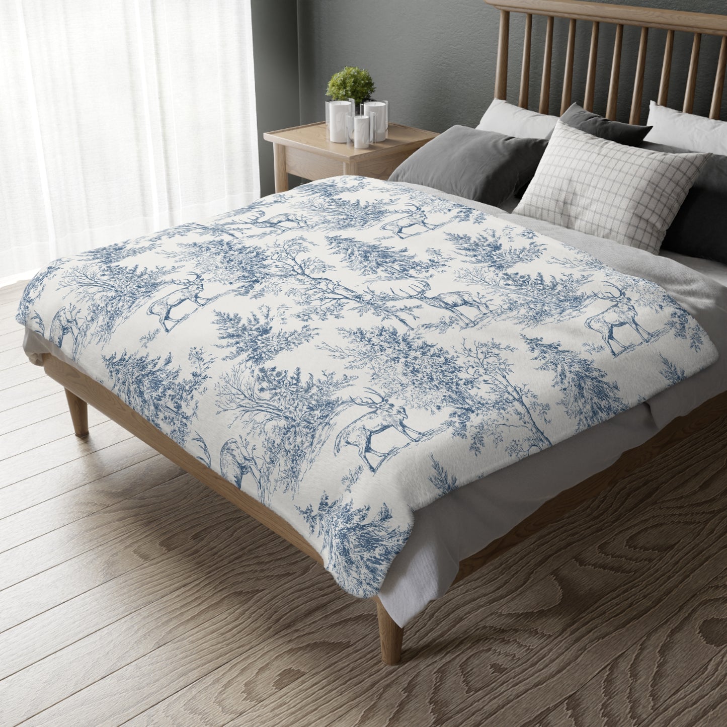 Peppermint’s Winterwood Heirloom Velveteen Blanket   Deer & Pine Toile Velveteen Blanket — Blue Scenic Microfiber Throw