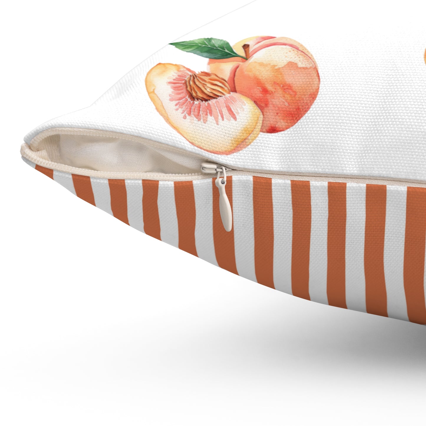 Peach Pattern Square Pillow — Watercolor Peaches on White with Striped Back