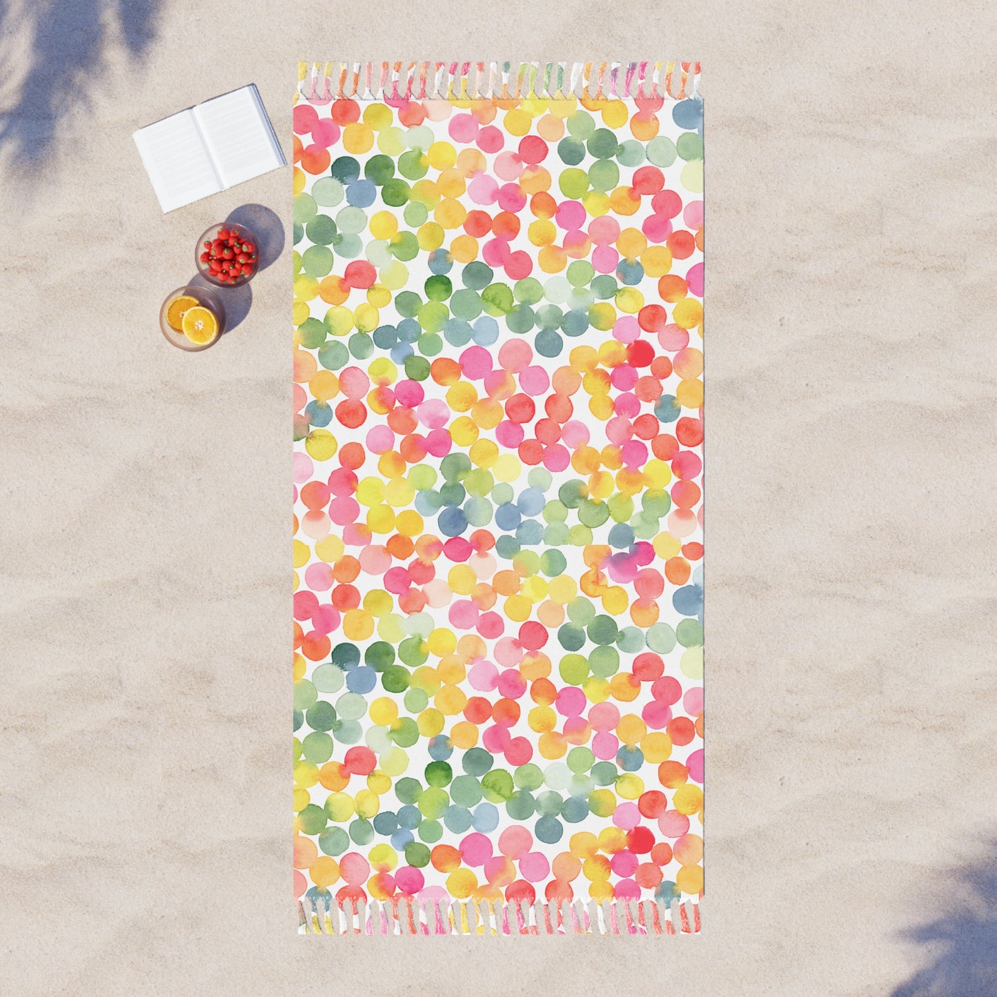 Boho Dot Spring & Summer Blanket Throw— Colorful Watercolor Fringe Beach Cloth
