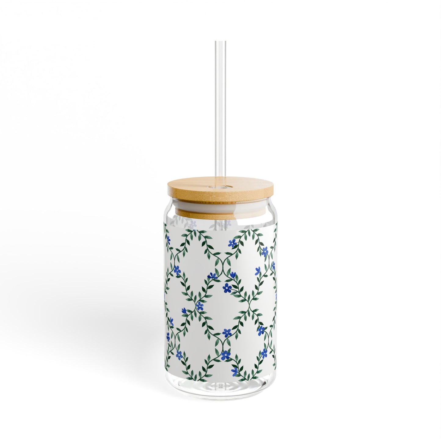 16oz Floral Vine Sipper Glass with Bamboo Lid & Straw — Blue Wildflower Pattern