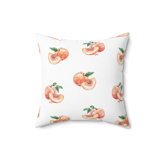 Peach Pattern Square Pillow — Watercolor Peaches on White with Striped Back