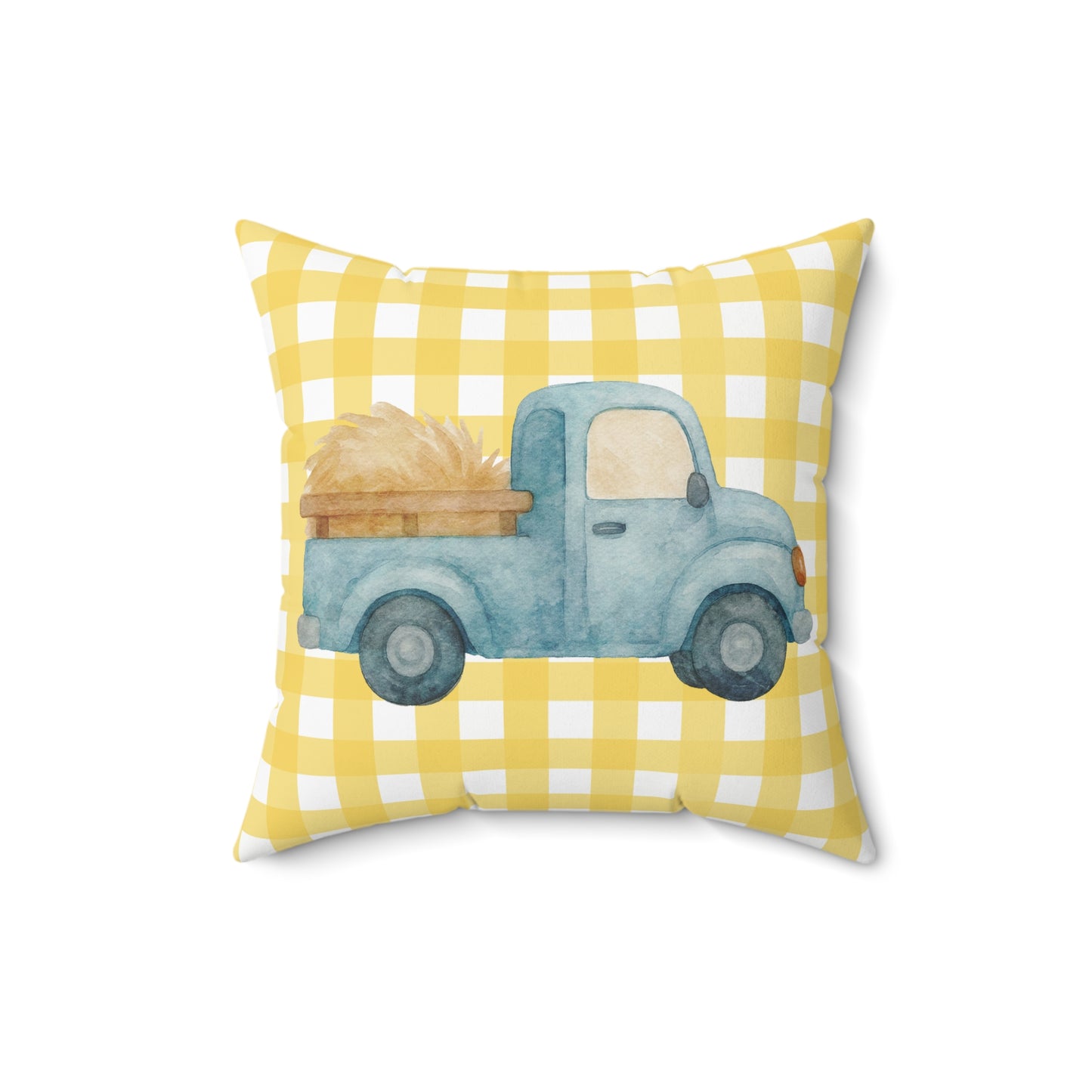 Farmhouse Blue Truck Pillow — Yellow Gingham Harvest Decor
