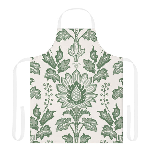 Green Floral Damask Apron — Vintage Kitchen Apron with Decorative Pattern