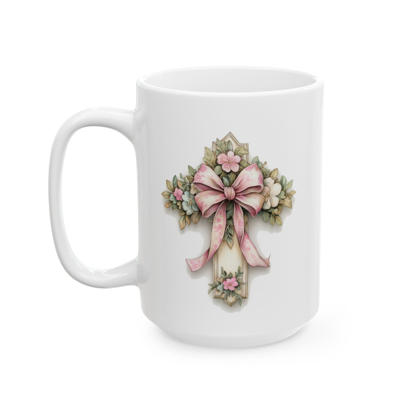 Floral Bouquet Cross  Ceramic Mug — Vintage Pink Roses Coffee Cup (11oz/15oz)