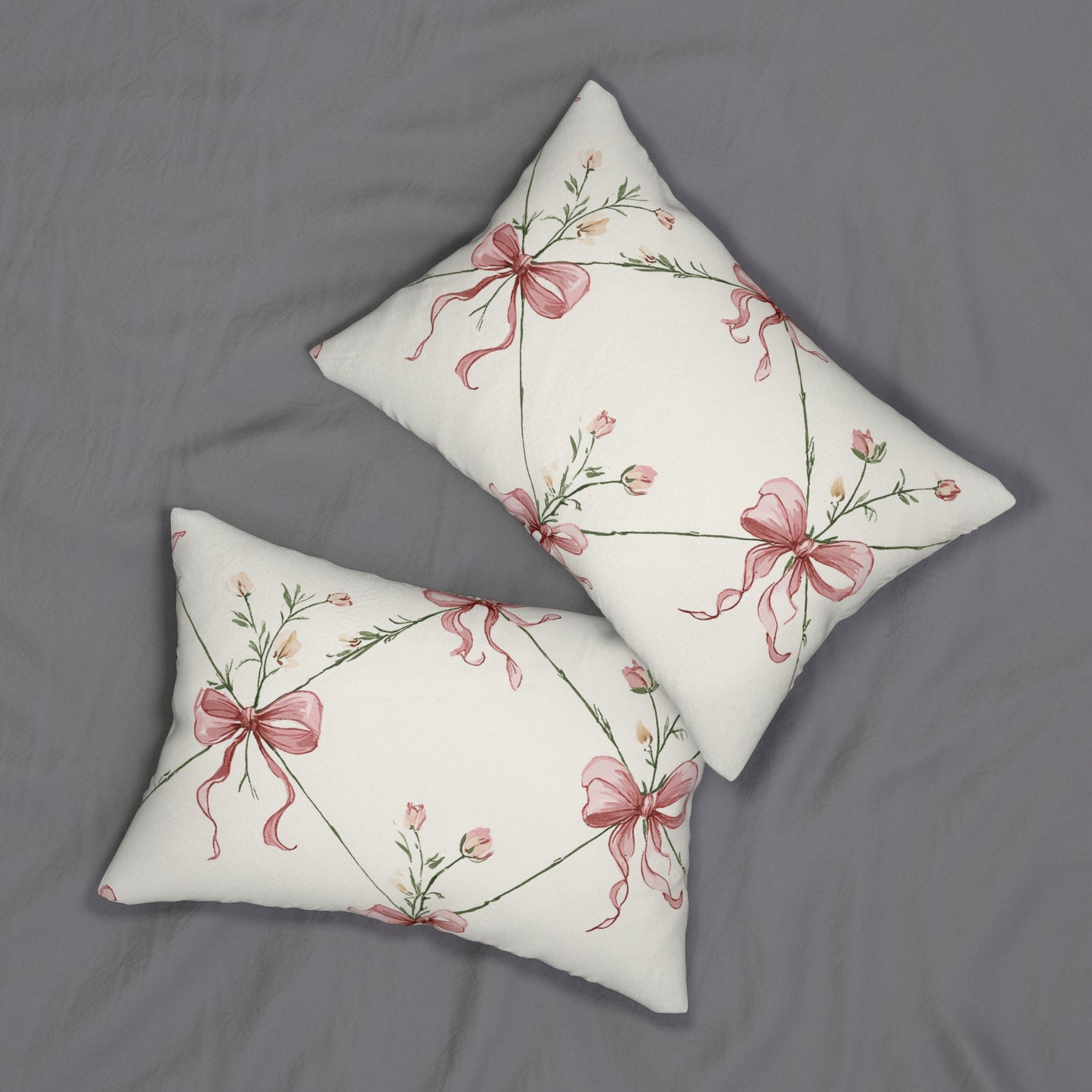 Bow Garden Lumbar Pillow – Soft Blush Floral & Ribbon Design