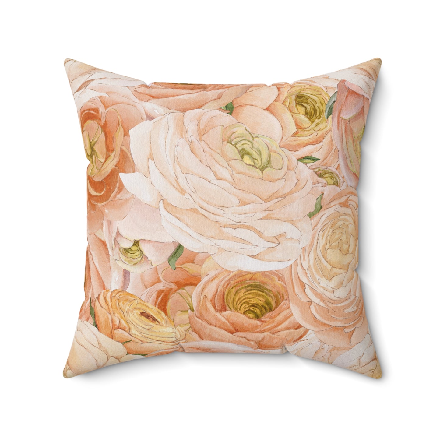 Ranunculus Floral Throw Pillow — Peach & Blush Square Decorative Cushion