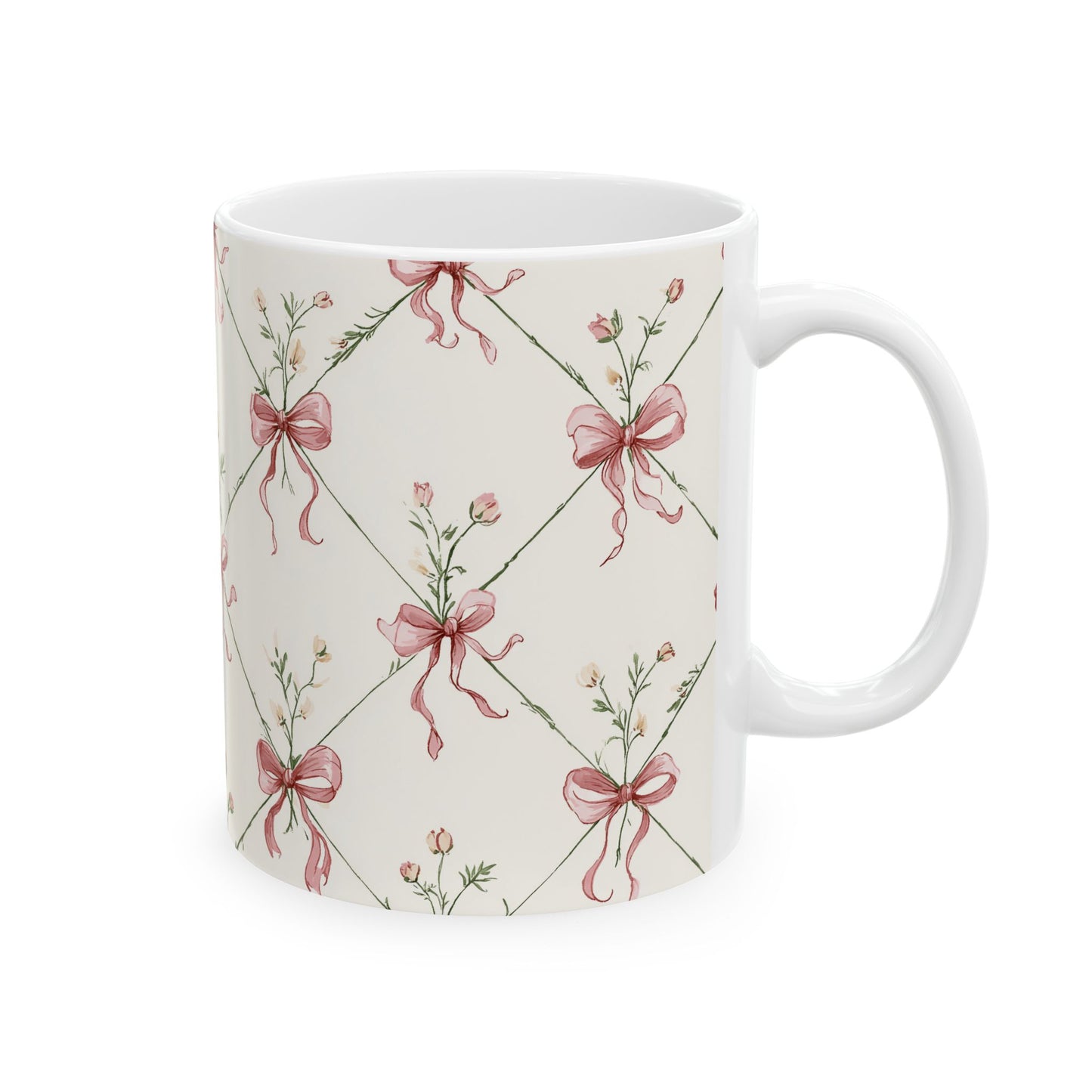 Floral Ribbon Pattern Ceramic Mug — Vintage Pink Bow Tea Coffee Cup (11oz & 15oz)