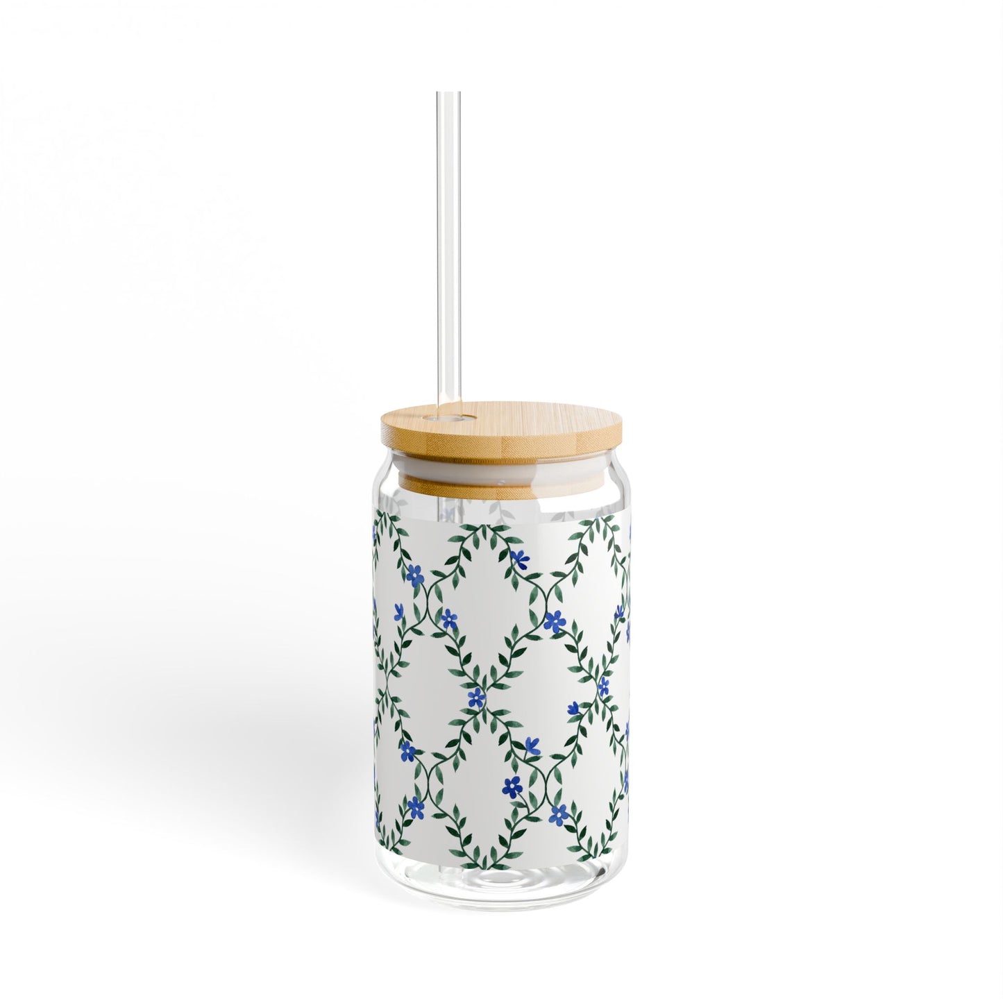 16oz Floral Vine Sipper Glass with Bamboo Lid & Straw — Blue Wildflower Pattern