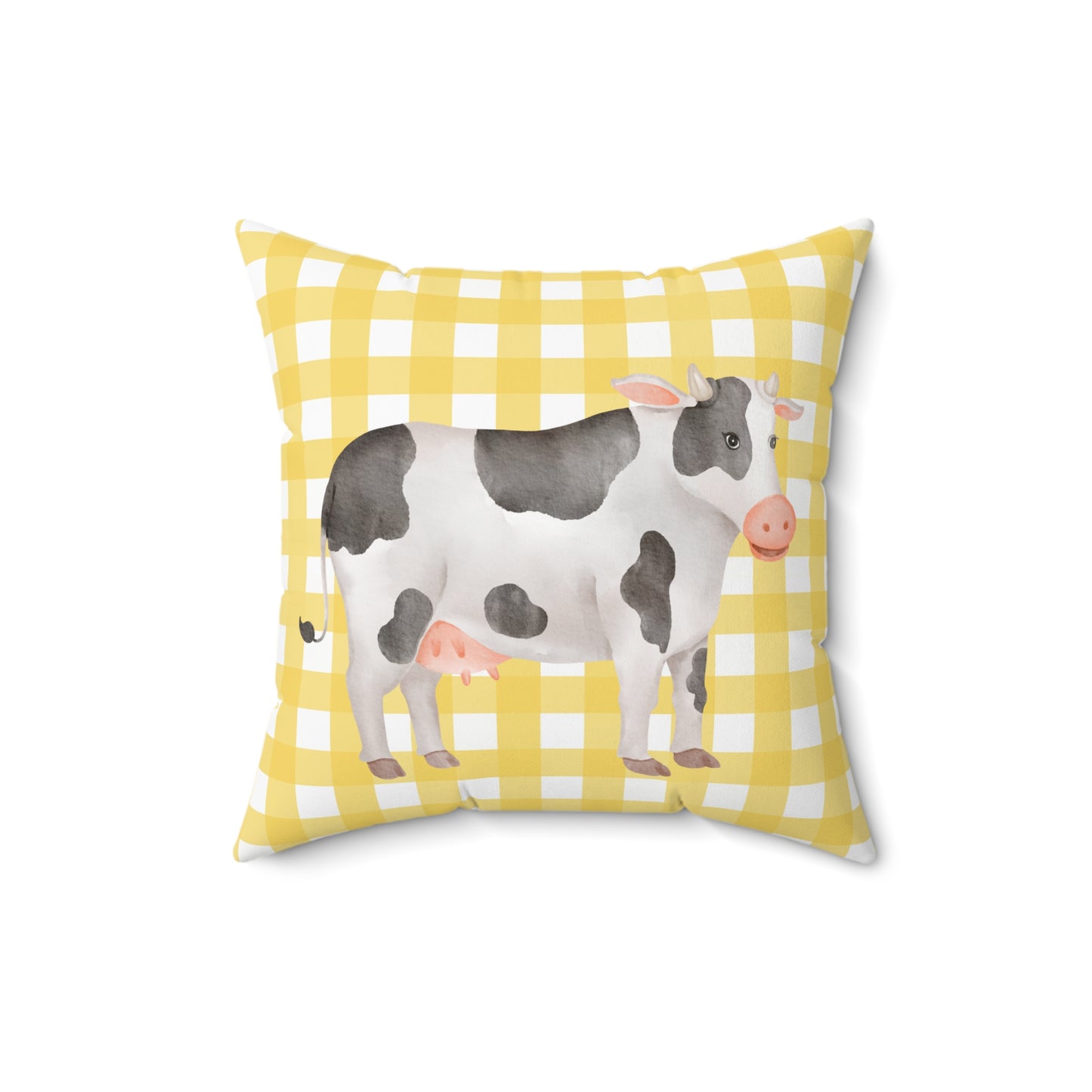 Farmhouse Cow Pillow — Yellow Gingham Decorative Throw Pillow