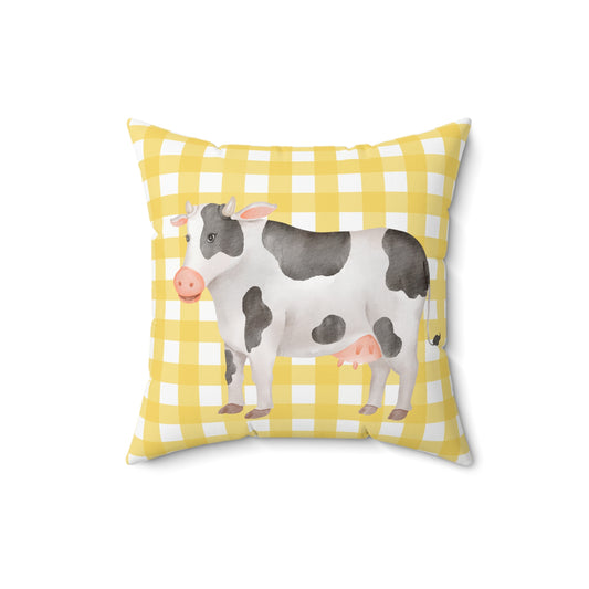 Farmhouse Cow Pillow — Yellow Gingham Decorative Throw Pillow