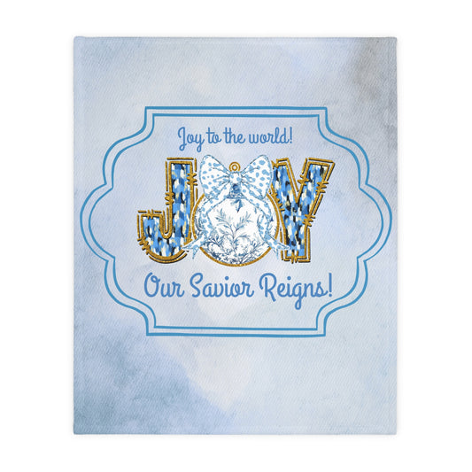 Chinoiserie JOY Christmas Blanket – Blue & White Nativity Throw | “Joy to the World, Our Savior Reigns” Christian Holiday Blanket by Peppermint Pickle