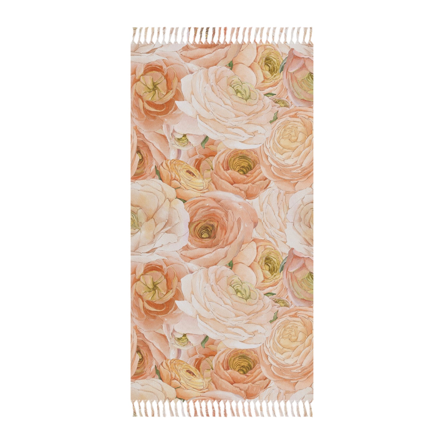 Boho Floral Beach Towel — Peach Ranunculus Tassel Throw