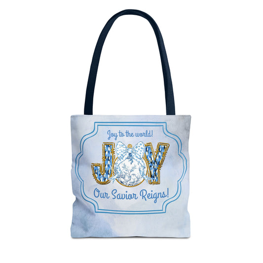 Chinoiserie JOY Christmas Tote – Blue & White Nativity Bag | “Joy to the World, Our Savior Reigns” Christian Holiday Tote by Velvet Ribbon Gifts