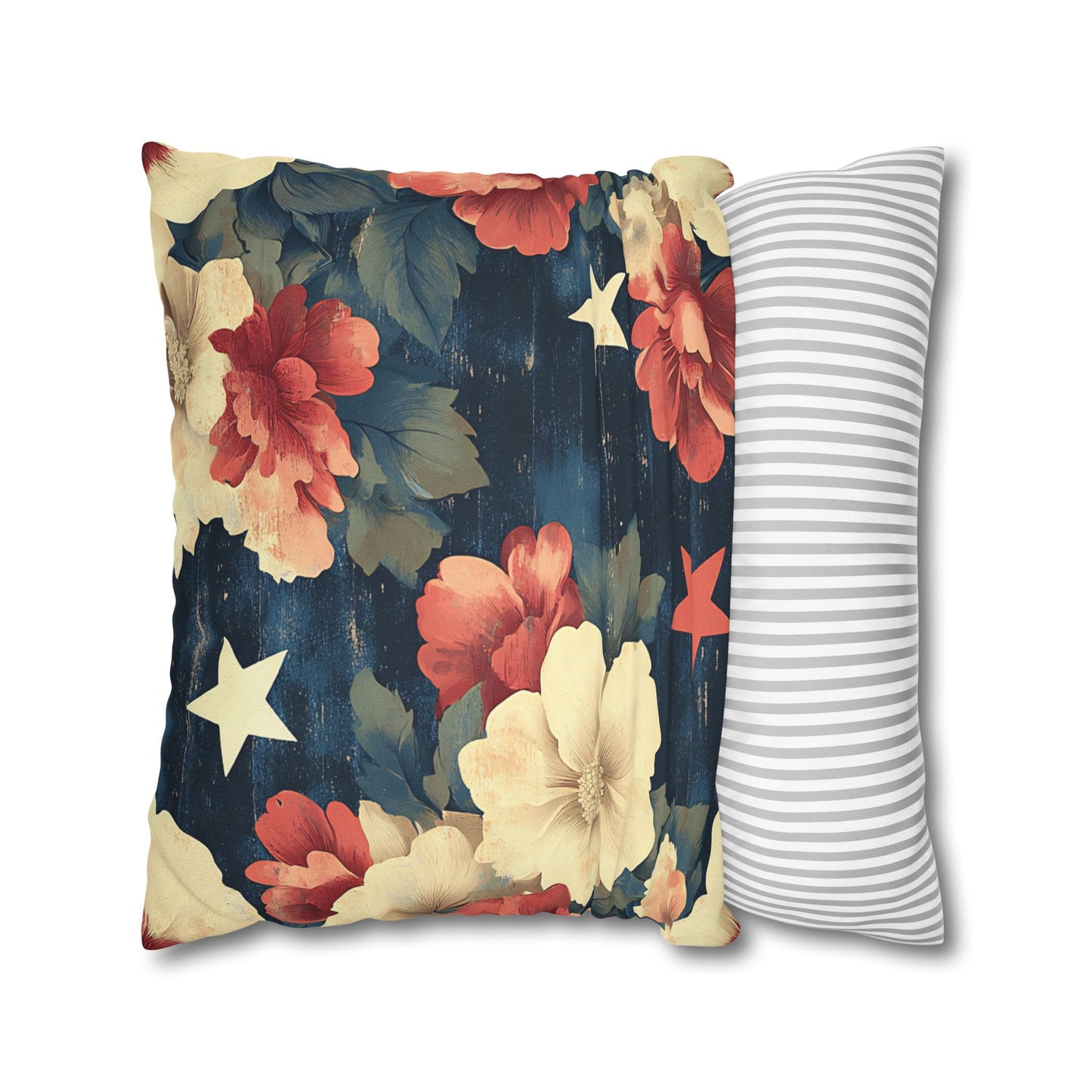 Floral Stars Throw Pillowcase — Vintage Navy Patriotic Floral Pillow Cover