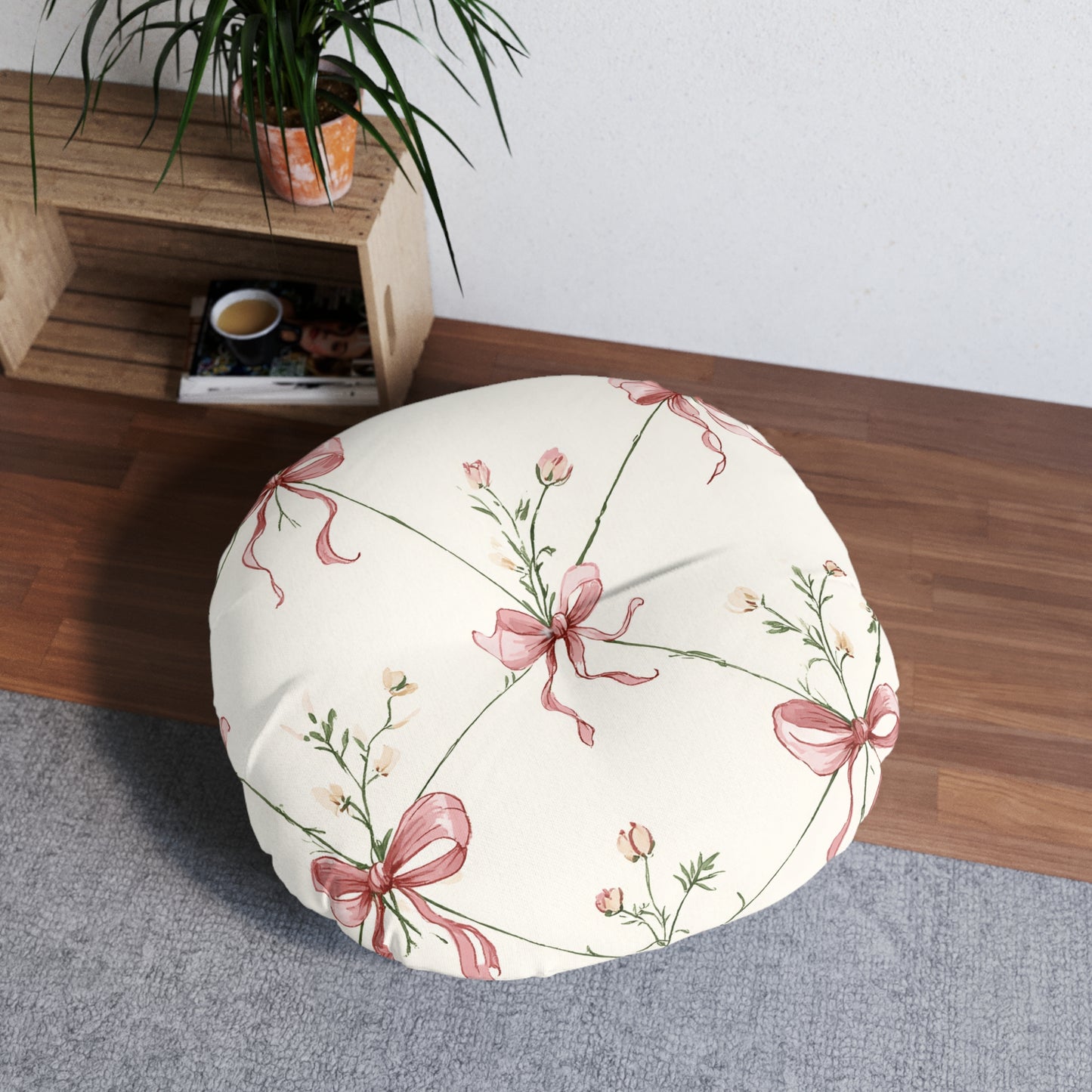 Bow Garden 30" Round Floor Pillow – Oversized Cotton Floor Cushion for Nurseries & Family Rooms