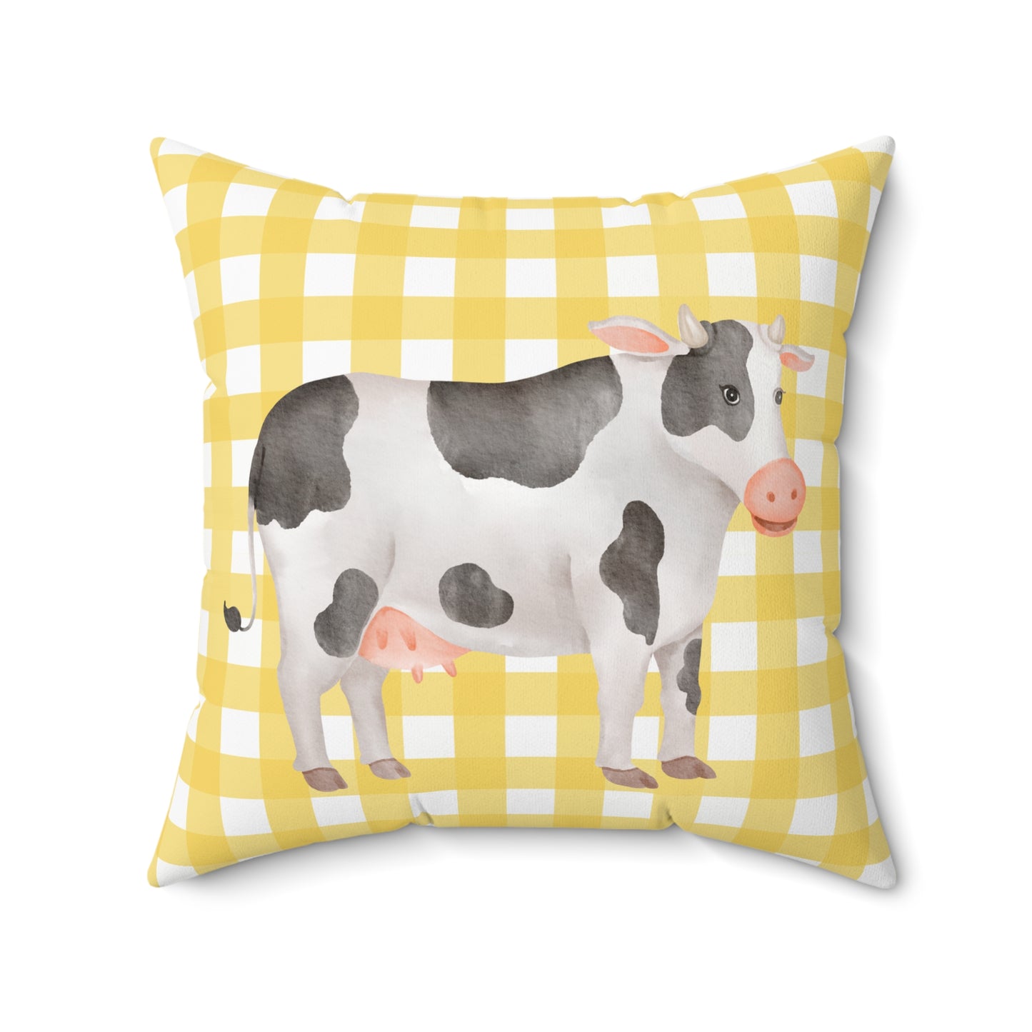 Farmhouse Cow Pillow — Yellow Gingham Decorative Throw Pillow