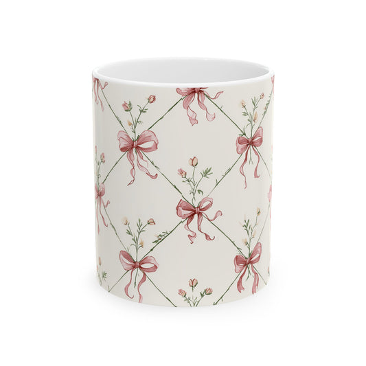 Floral Ribbon Pattern Ceramic Mug — Vintage Pink Bow Tea Coffee Cup (11oz & 15oz)