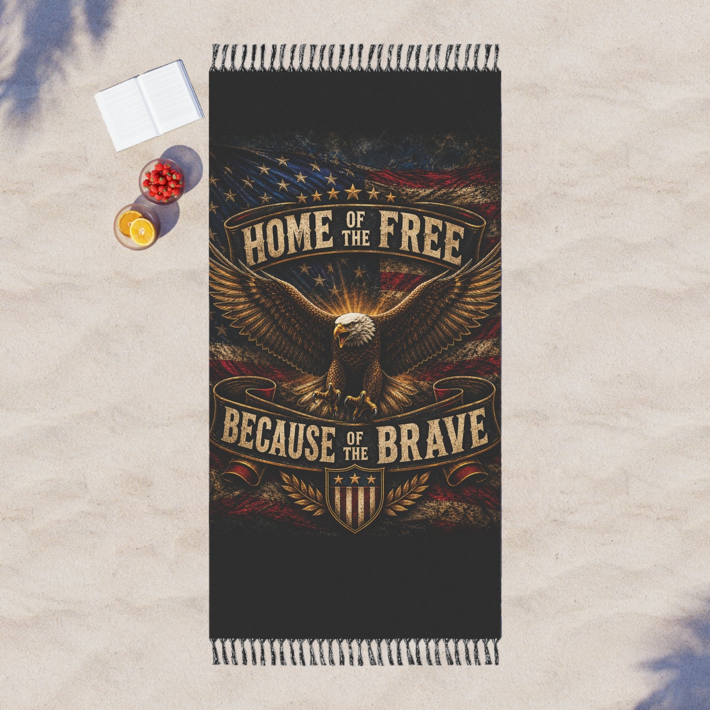 Patriotic Beach Towel — "Home of the Free Because of the Brave" Eagle Design