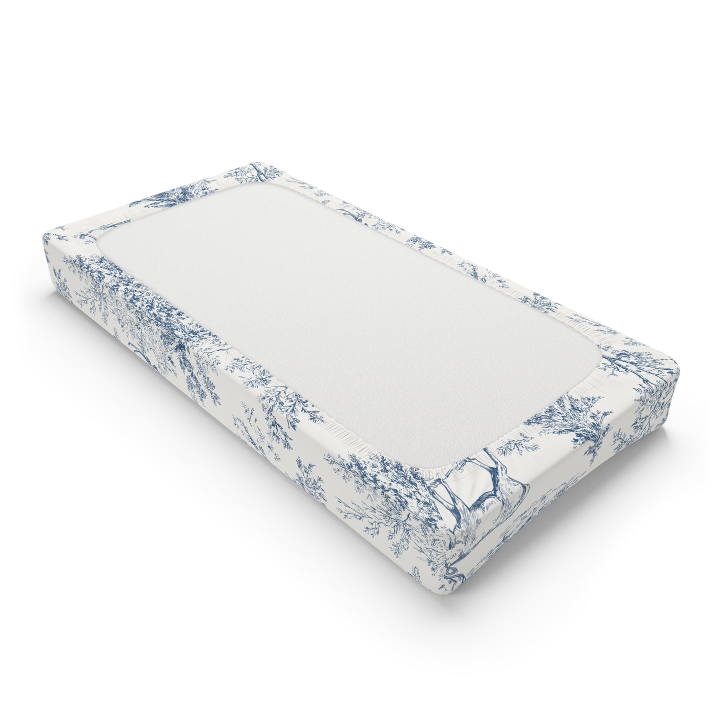 Peppermint’s Winterwood Heirloom Changing Pad Cover  Toile Deer  — Blue Woodland Nursery