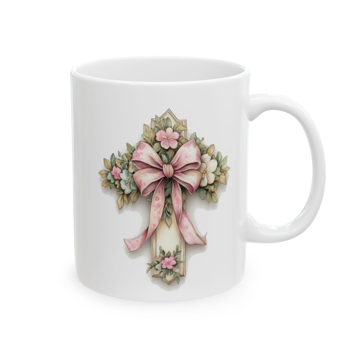 Floral Bouquet Cross  Ceramic Mug — Vintage Pink Roses Coffee Cup (11oz/15oz)