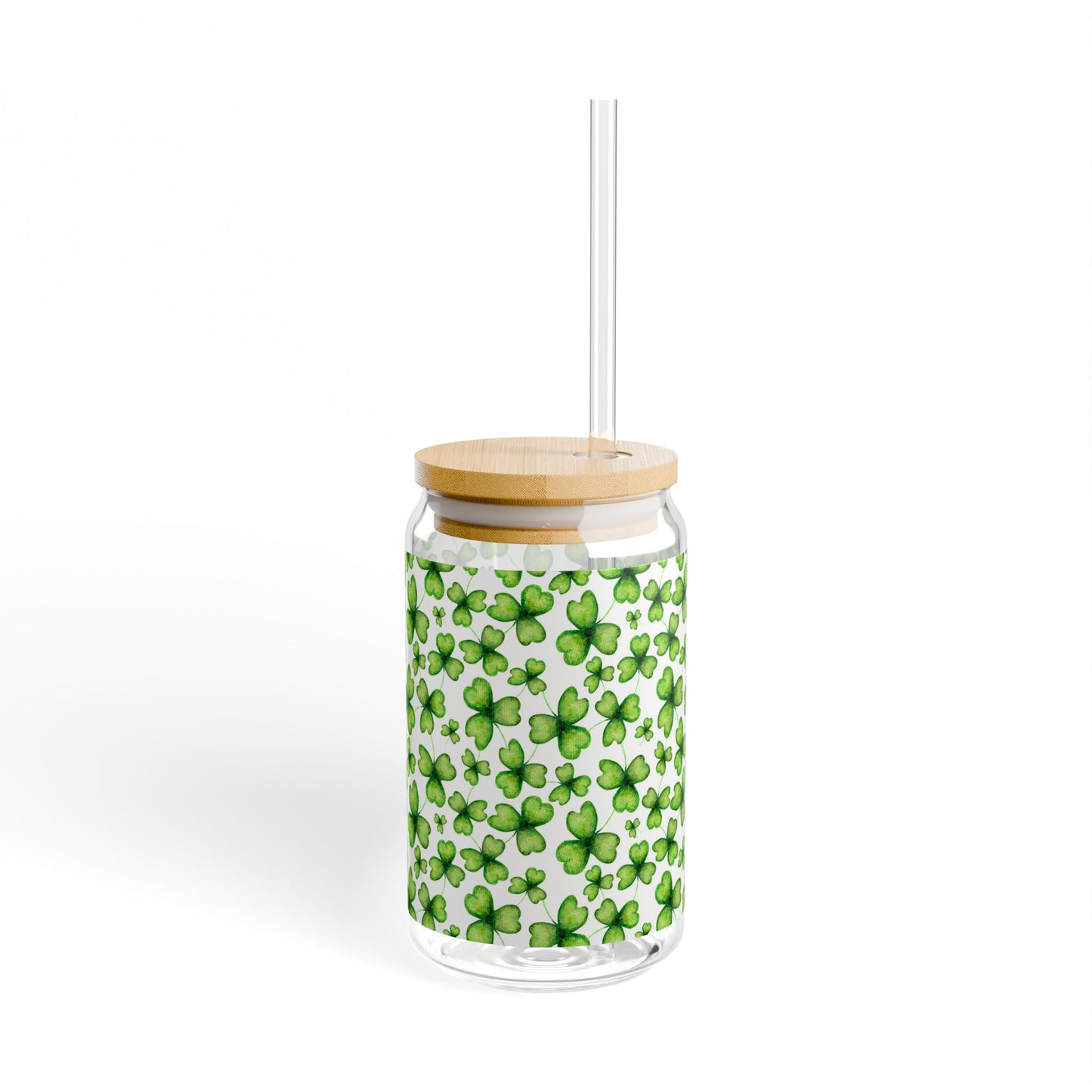 Shamrock Pattern 16oz Sipper Glass — St. Patrick’s Day Clover Drink Jar