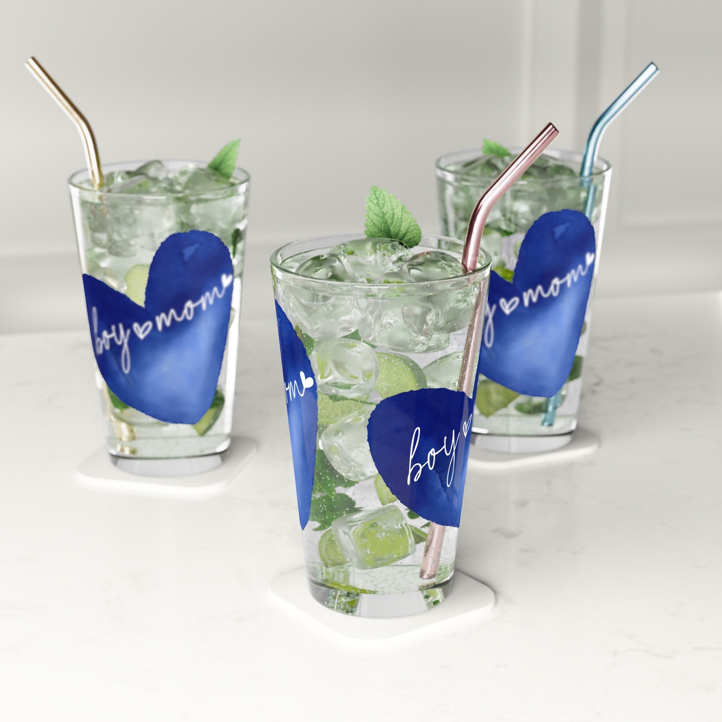 Blue Heart "Boy Mom" Pint Glass — 16oz  Glass Gift for New Moms & Baby Showers
