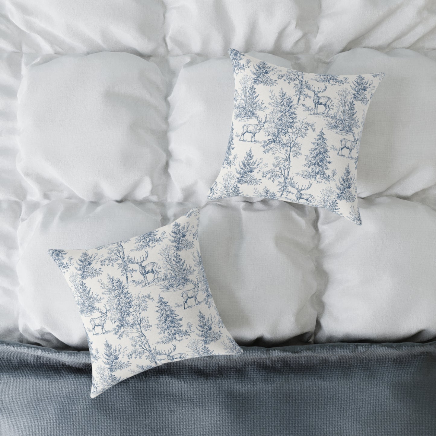 Peppermint’s Winterwood Heirloom Pillow Toile Deer Winter Pillow — Blue Woodland Decorative Throw Pillow