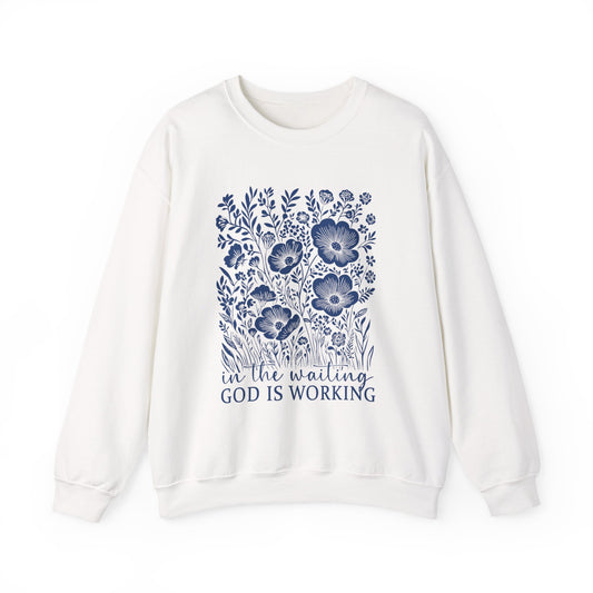Chinoiserie Floral Faith Sweatshirt – “In the Waiting, God Is Working” Christian Comfort Crewneck | Mama & Grandmama Gift