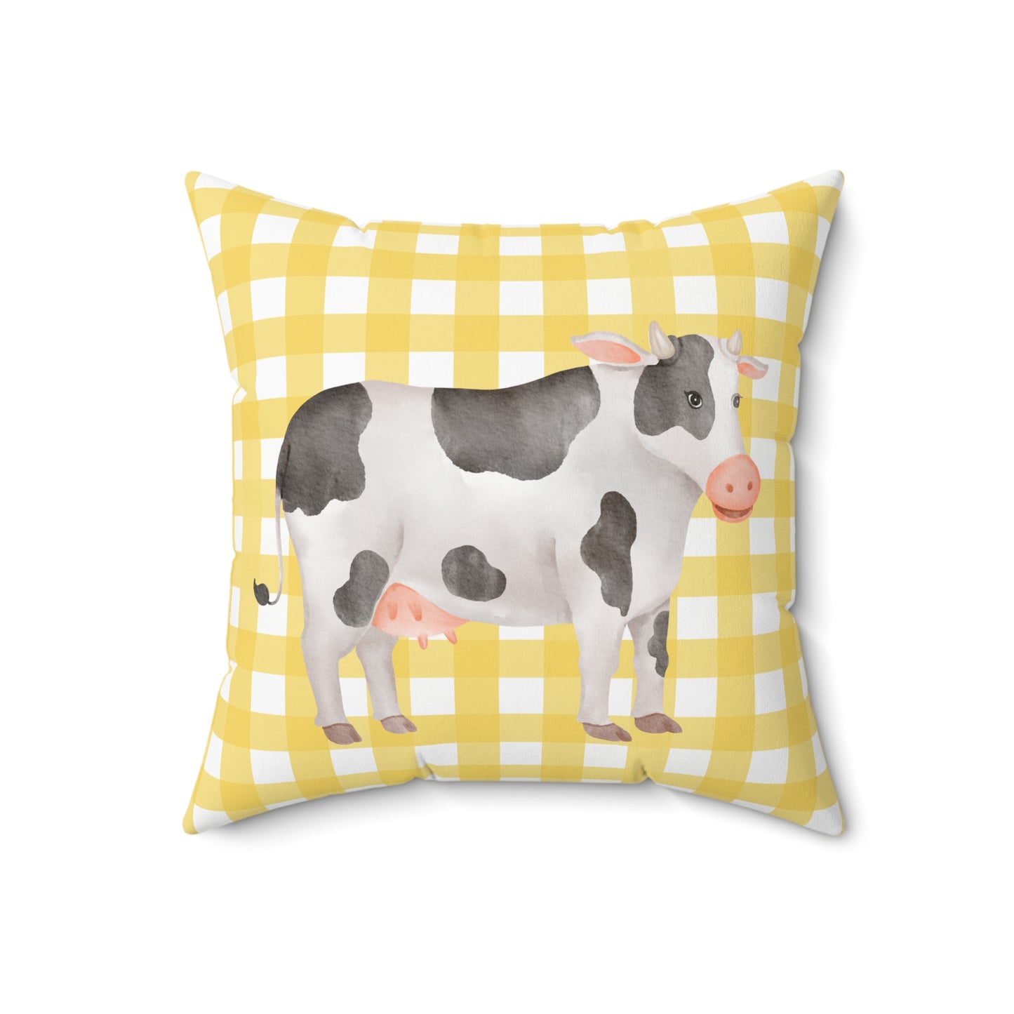 Farmhouse Cow Pillow — Yellow Gingham Decorative Throw Pillow