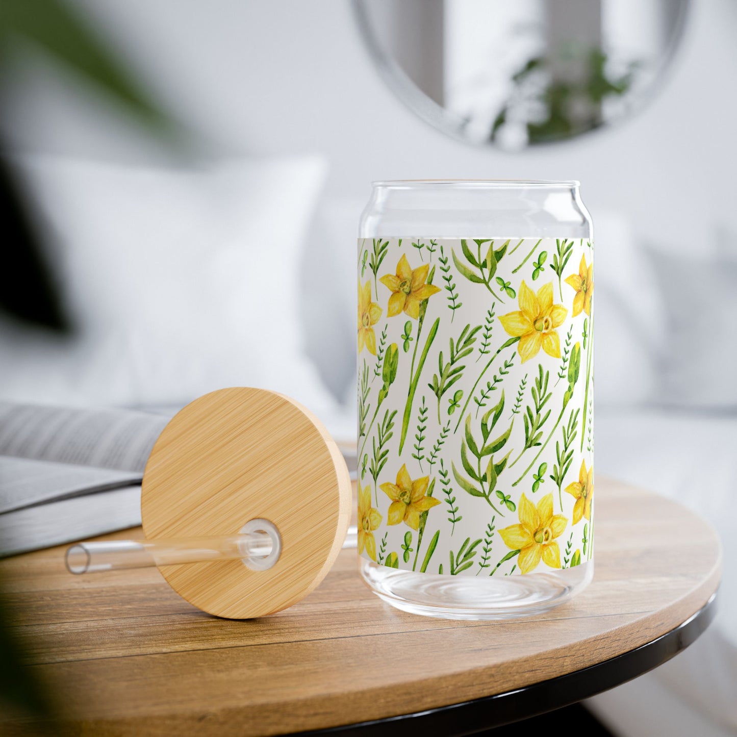 16oz Floral Sipper Glass - Yellow Daffodil Pattern with Bamboo Lid & Straw