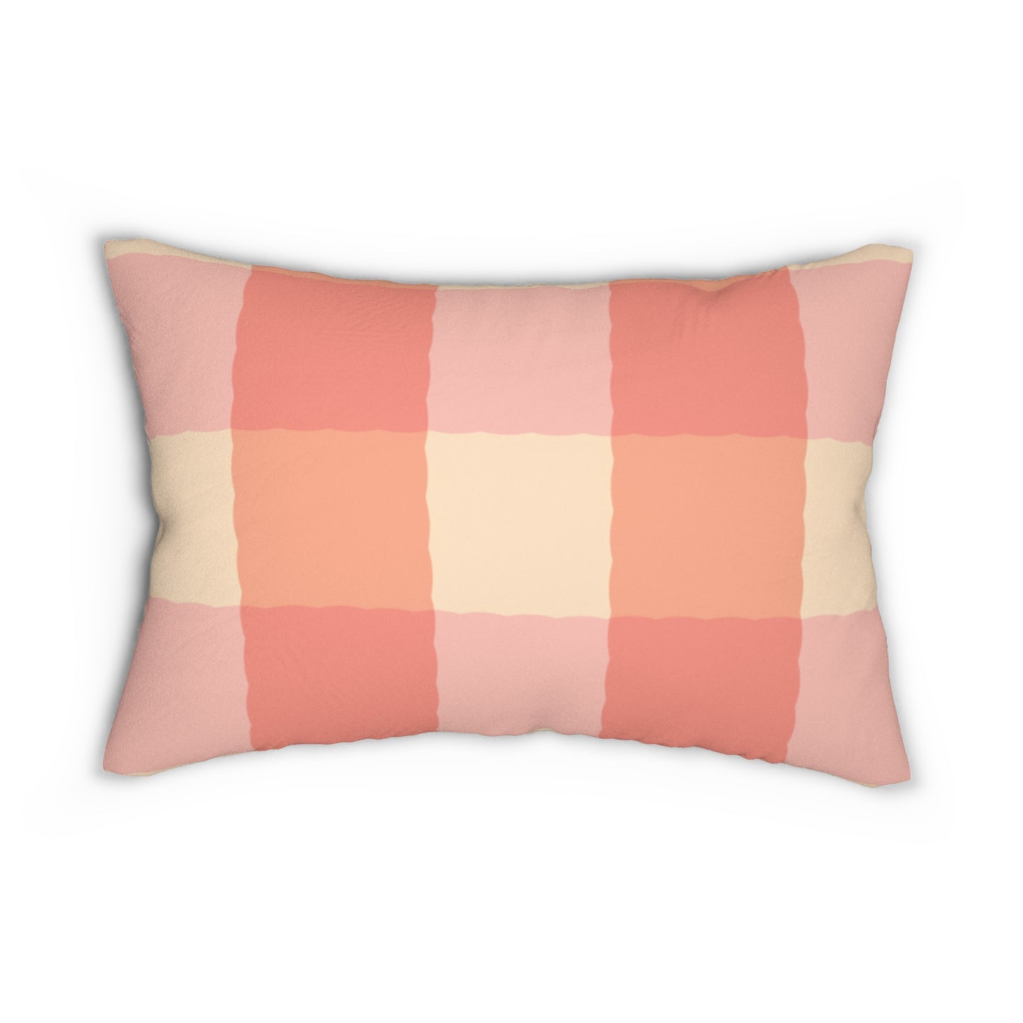 Joyful Gingham Pillow – Coral Pink Checkered Cushion for Cozy, Collected Homes  Layer with Heirloom Plum, Stillwater Check, or any of our art pillows for a warm, welcoming touch.  Spun Polyester Lumbar Pillow