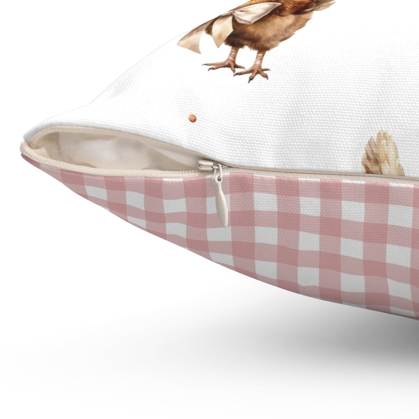 Farmhouse Chicken Decorative Pillow — Watercolor Hen & Pink Gingham Throw Pillow