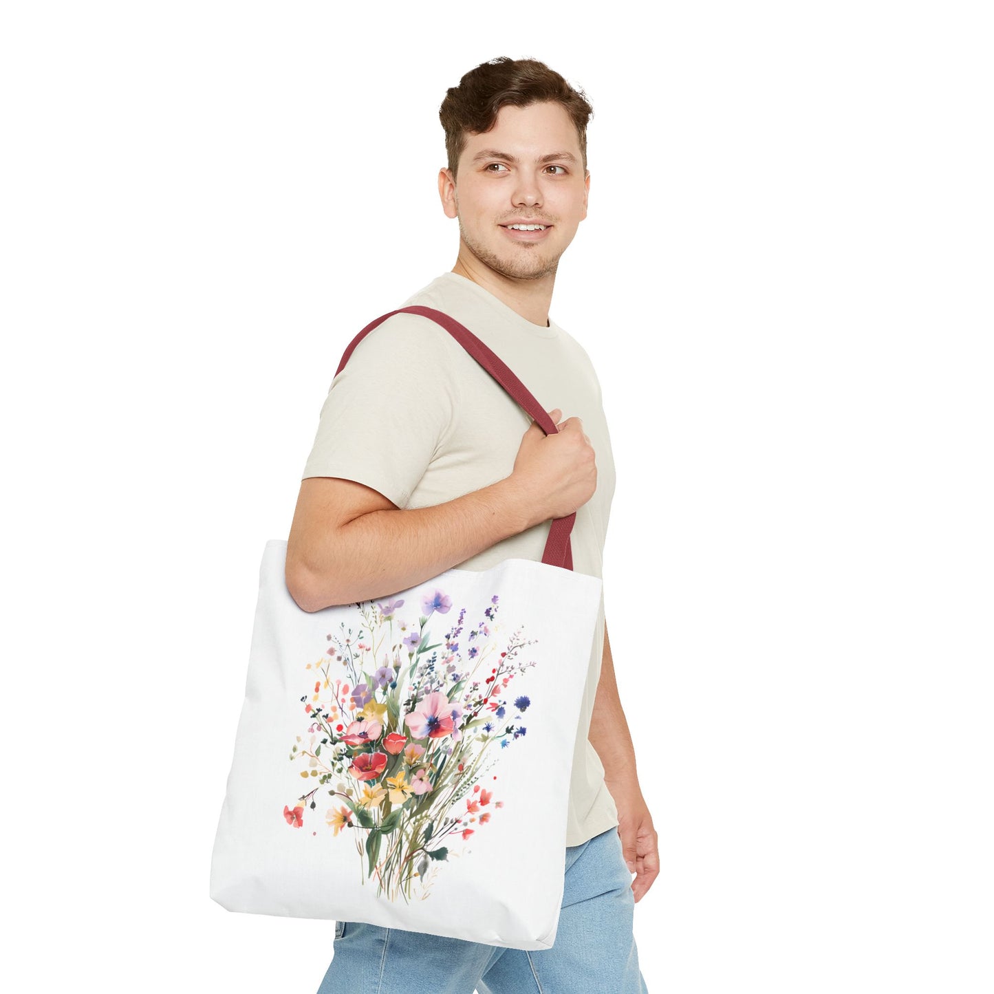 Floral Bouquet Tote Bag — Watercolor Wildflower Print, Lightweight Everyday Carry