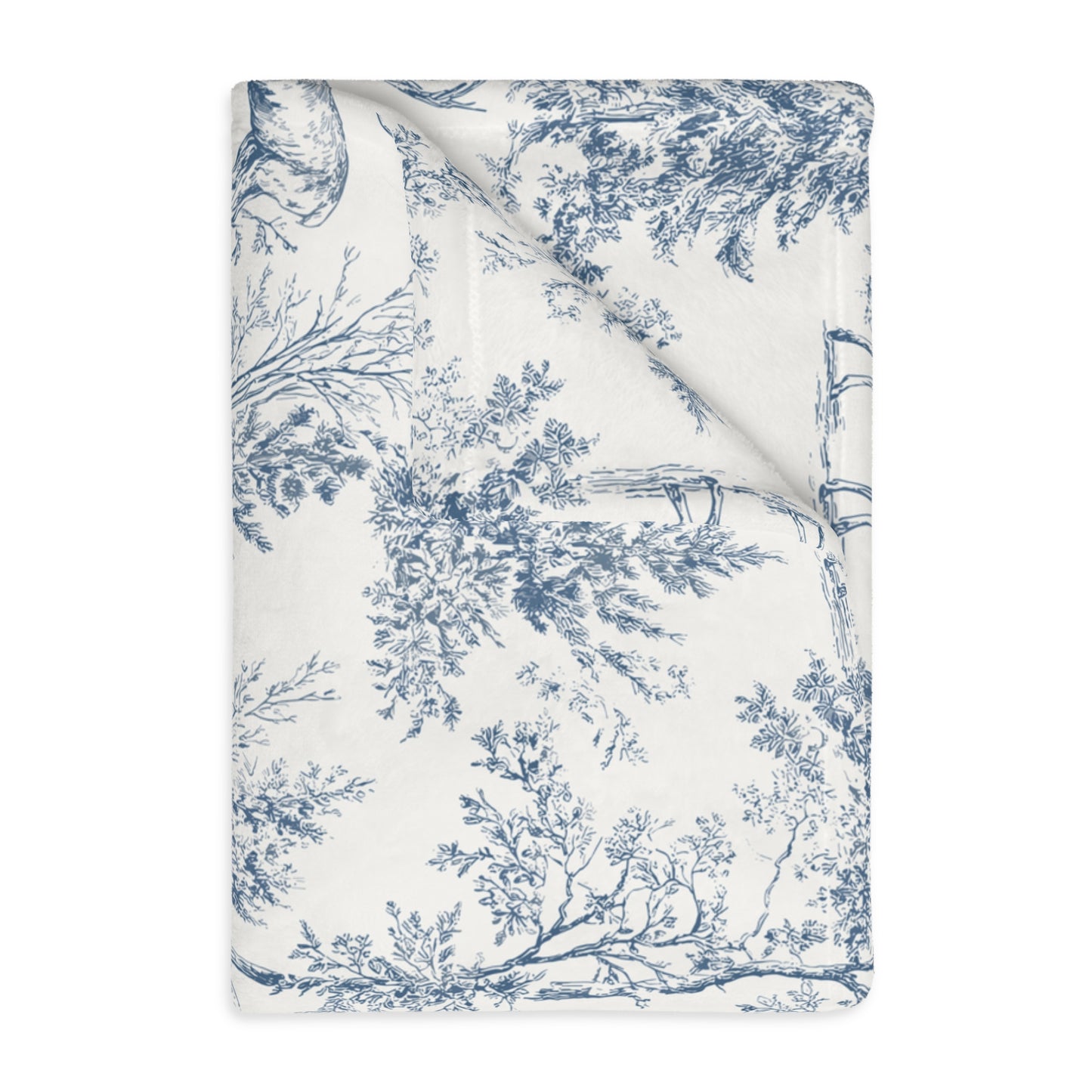 Peppermint’s Winterwood Heirloom Velveteen Blanket   Deer & Pine Toile Velveteen Blanket — Blue Scenic Microfiber Throw