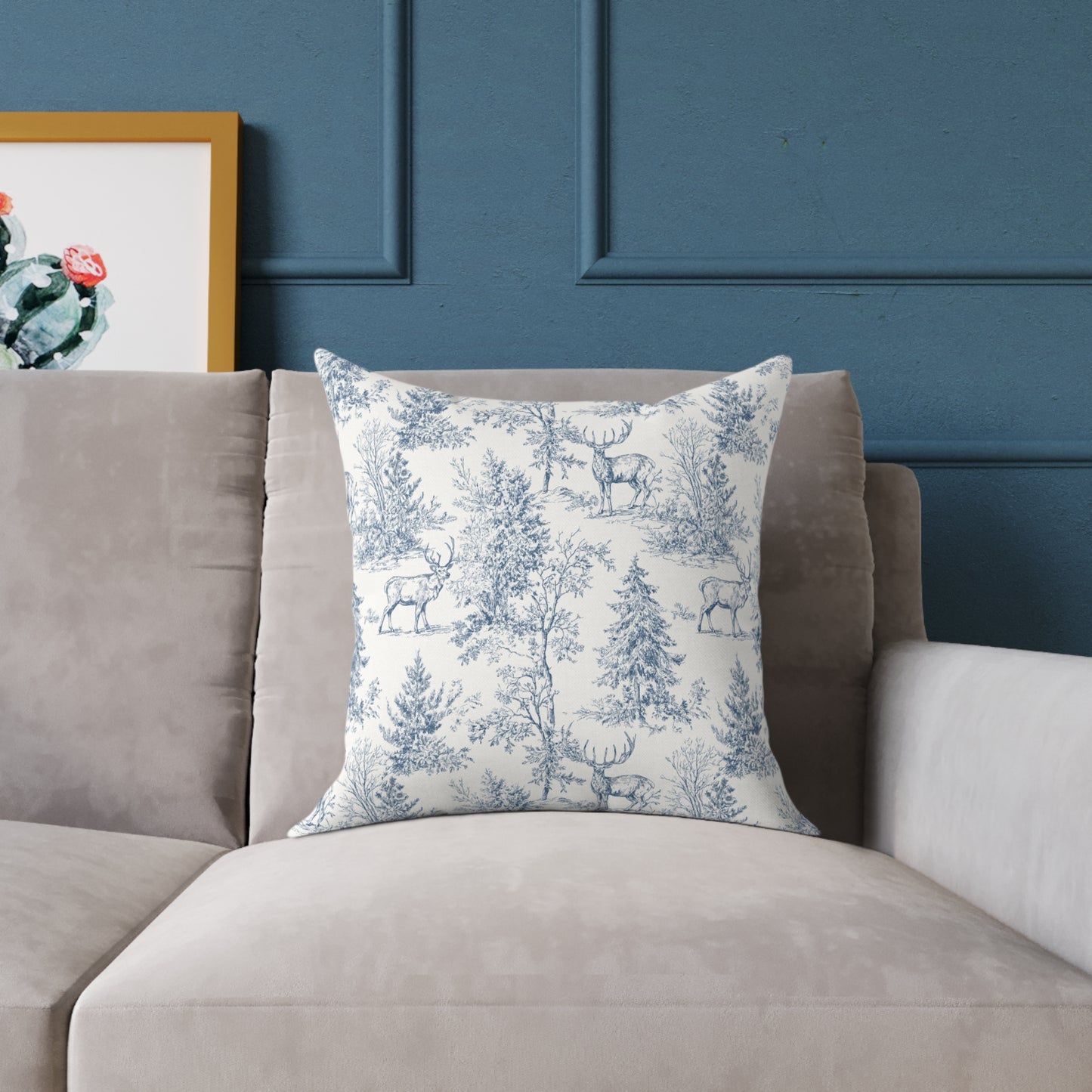 Peppermint’s Winterwood Heirloom Pillow Toile Deer Winter Pillow — Blue Woodland Decorative Throw Pillow