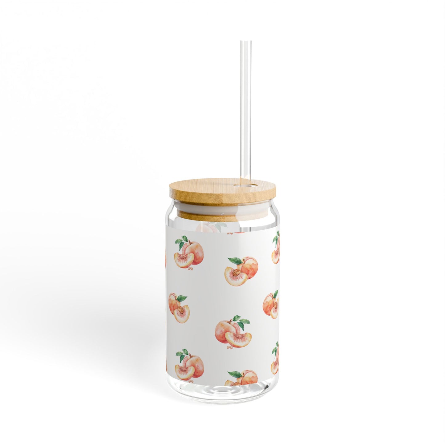 Peach Pattern 16oz Glass Sipper with Bamboo Lid & Straw