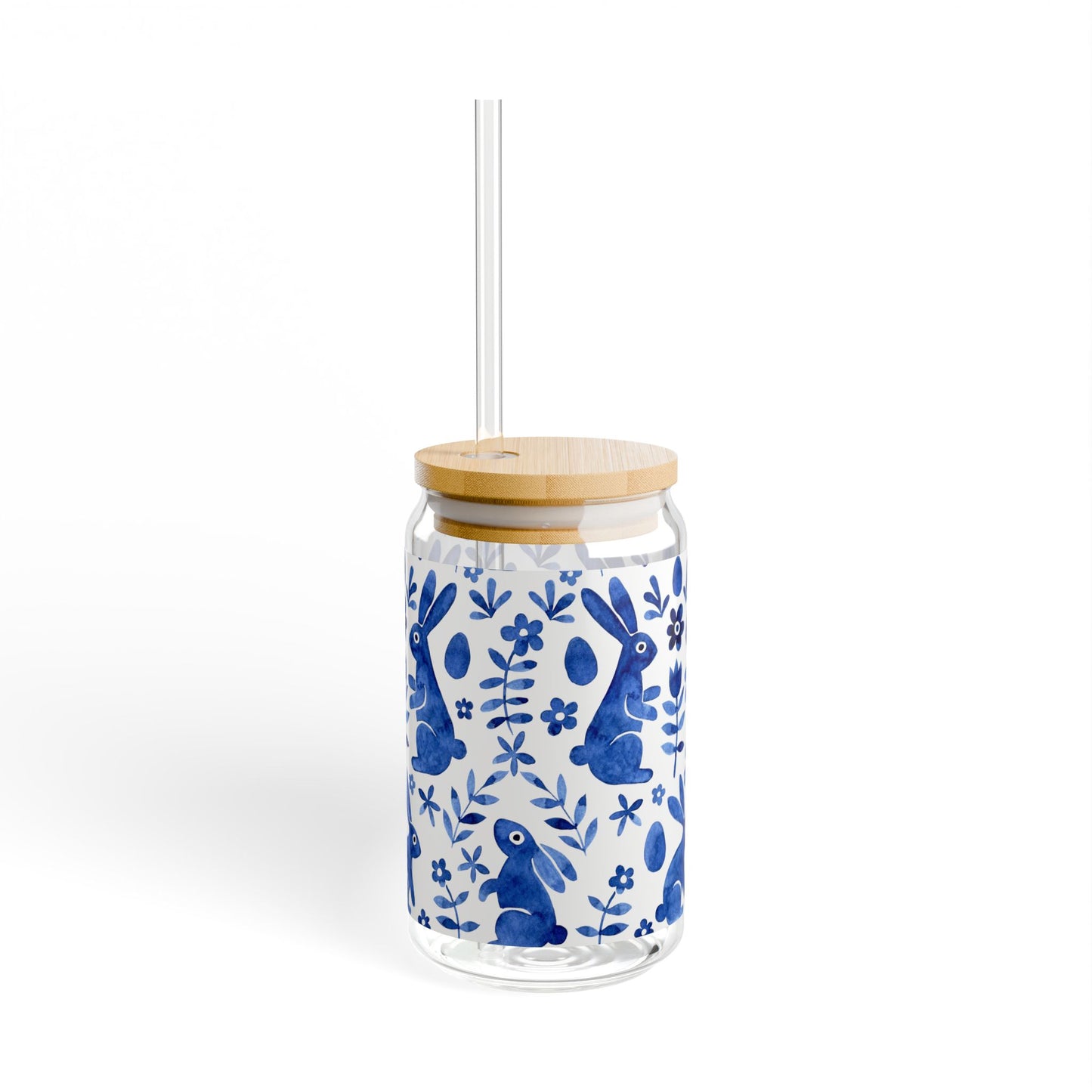 Blue Folk Art Bunny Sipper Glass — 16oz Ceramic-Style Travel Tumbler with Straw