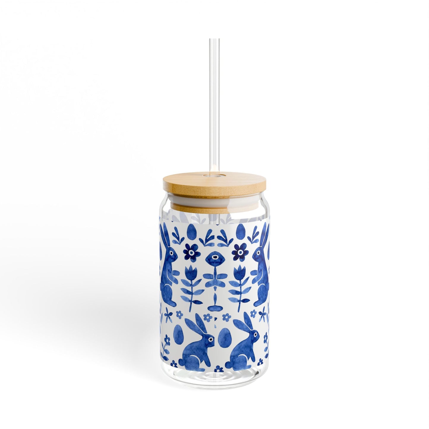 Blue Folk Art Bunny Sipper Glass — 16oz Ceramic-Style Travel Tumbler with Straw