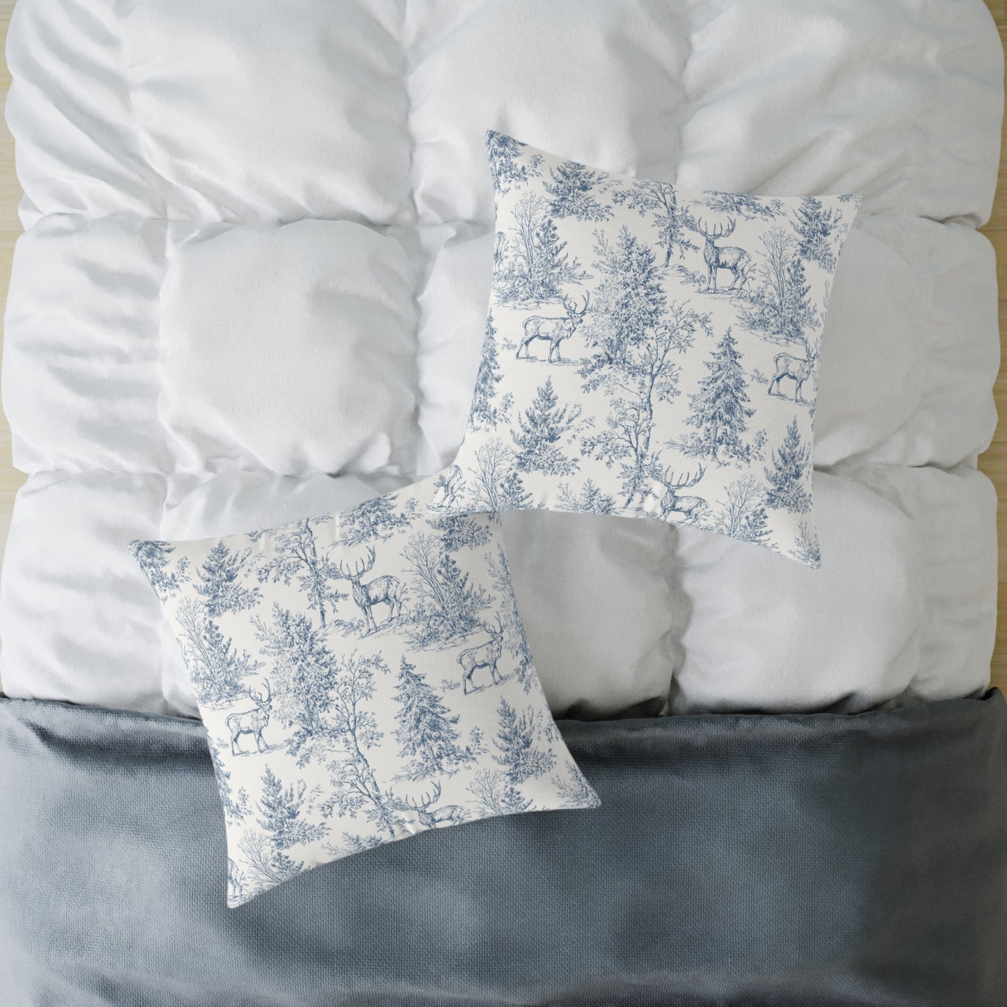 Peppermint’s Winterwood Heirloom Pillow Toile Deer Winter Pillow — Blue Woodland Decorative Throw Pillow